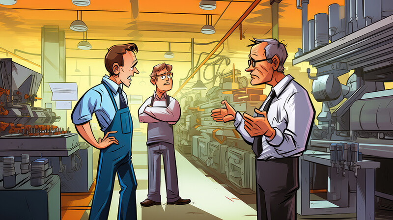 Illustration of three men in conversation inside an industrial workshop with machinery and warm lighting.