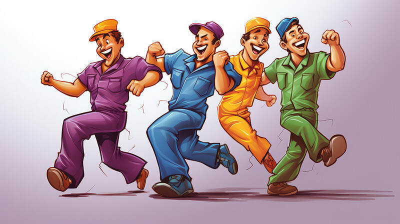 Illustration of four cheerful workers in different colored uniforms and caps jumping and celebrating together.
