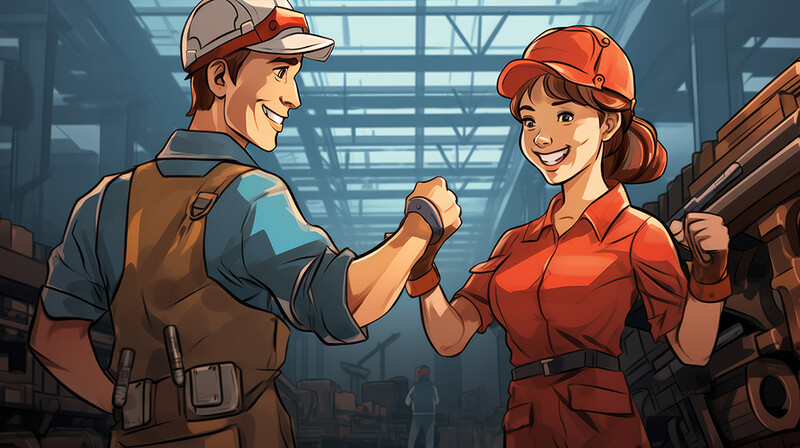 Illustration of two construction workers greeting each other at an industrial site.