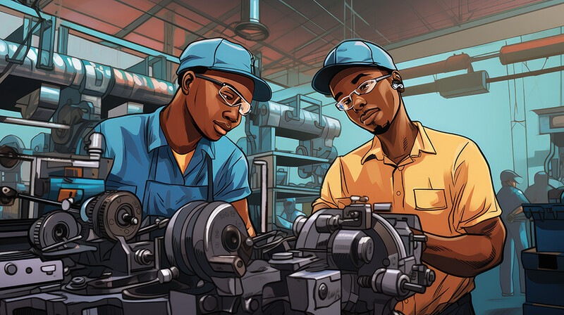 Illustration of two workers examining mechanical parts in an industrial workshop setting.