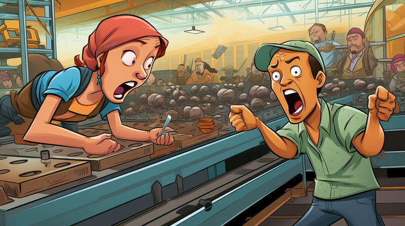 Illustration of two animated characters arguing at a conveyor belt in an industrial factory setting.