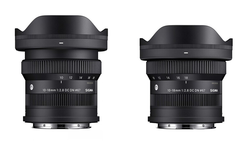 Two black ultra-wide angle zoom lenses with hoods displayed side by side for comparison.