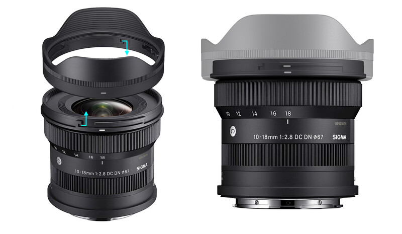Two Sigma 10-18mm f/2.8 DC DN lenses shown from different angles with lens hoods attached.