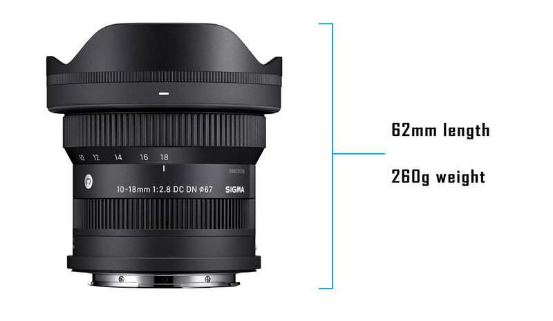 Sigma 10-18mm f/2.8 DC DN ultra-wide zoom lens with specifications displayed.