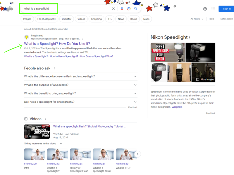 Screenshot of Google search results page for 'what is a speedlight' with featured snippets and video results visible.