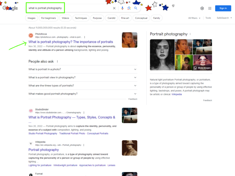 Screenshot of Google search results page for portrait photography with definition and style guide results.