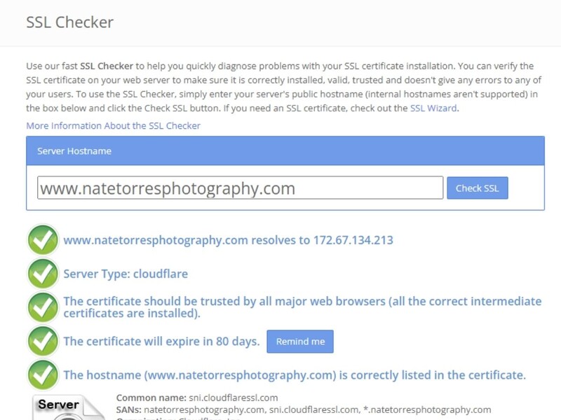 Screenshot of an SSL Checker for Photography Website