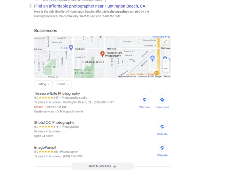 Screenshot of Google search results for affordable photographers near Huntington Beach, CA.