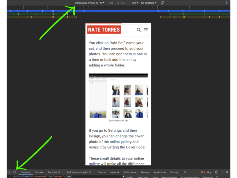 Screenshot of Nate Torres' website gallery interface showing thumbnail grid of portfolio images with instructional text.