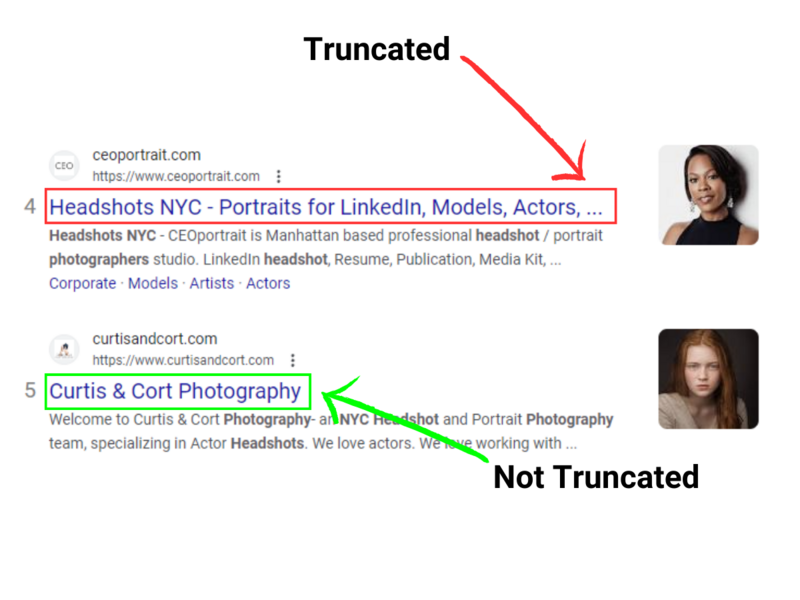 Screenshot comparing truncated and non-truncated search results for headshot photography services.