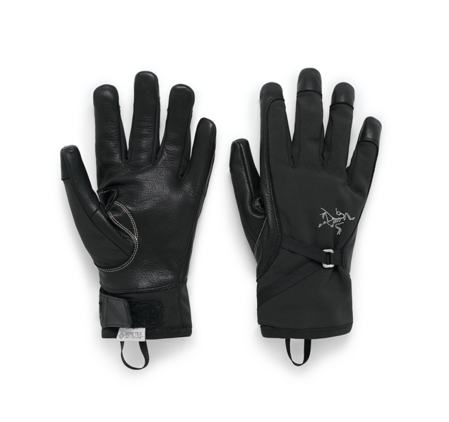 Pair of black insulated gloves shown front and back with leather palm detail and wrist strap closure.