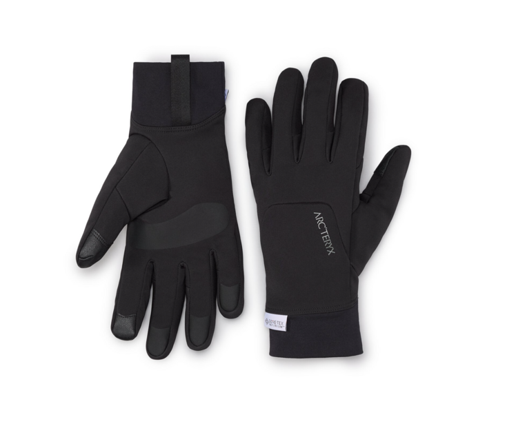 Pair of black winter gloves with touchscreen-compatible fingertips displayed flat against a white background.