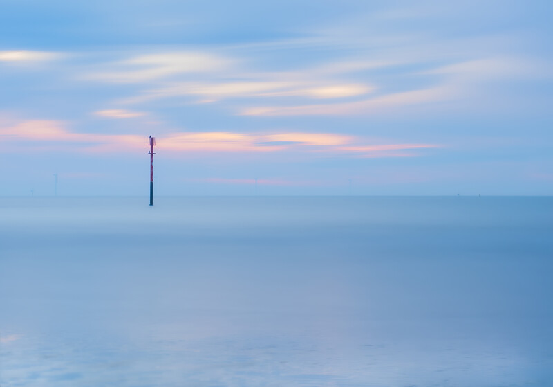 Solitary pole standing in calm water at twilight with pink-tinged clouds above.