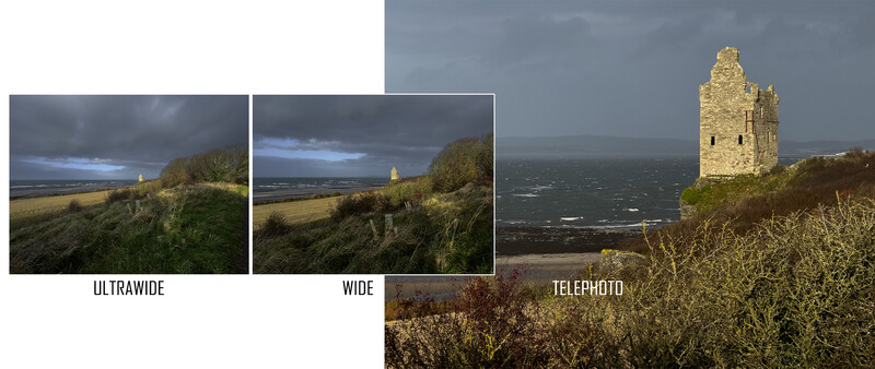 Coastal stone tower photographed at three different focal lengths showing composition changes.