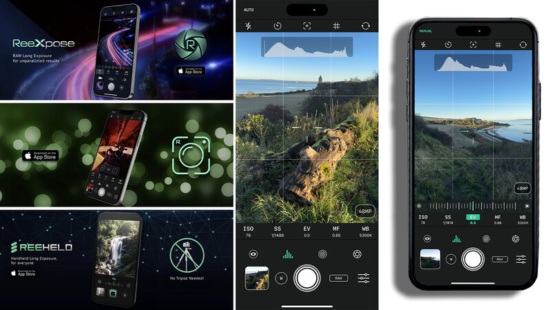 Screenshot collage showing mobile camera app interfaces and photography editing software demonstrations.