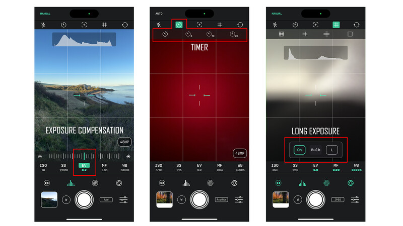 Screenshot of mobile photography app interface showing exposure compensation, timer, and long exposure modes.