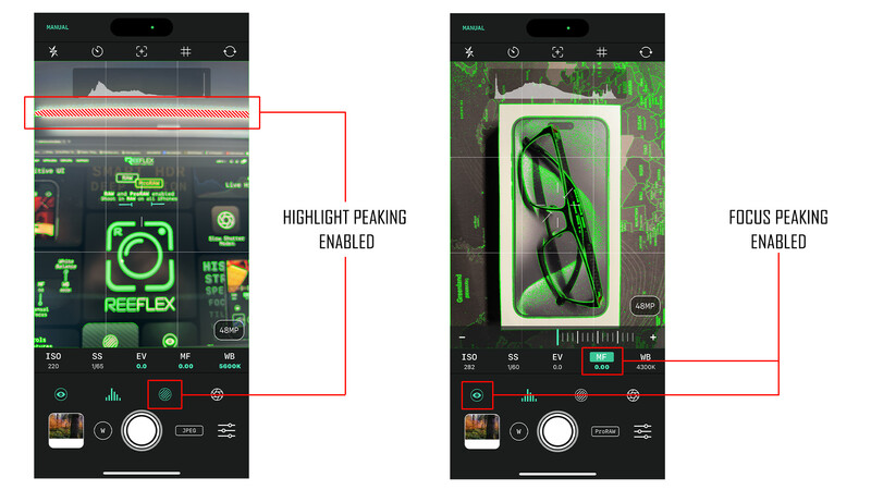 Screenshot comparing highlight peaking and focus peaking modes on a mobile camera app interface.