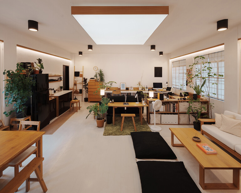 Bright, minimalist interior space with natural skylight, wooden furniture, and potted plants arranged throughout.