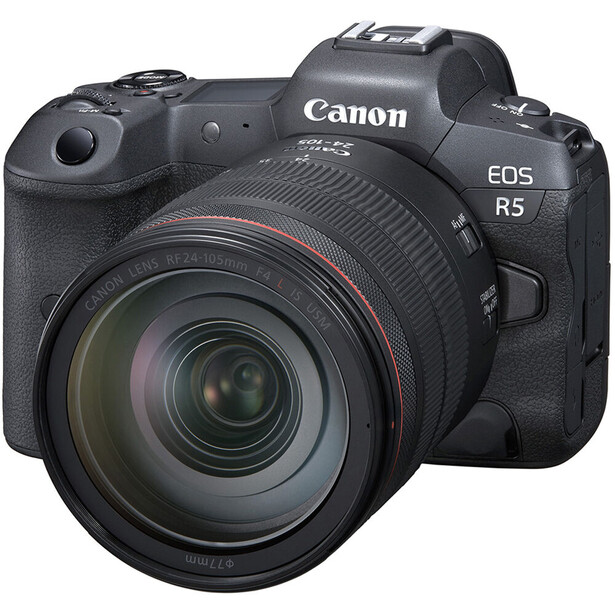 Canon EOS R5 mirrorless camera with attached RF zoom lens on white background.