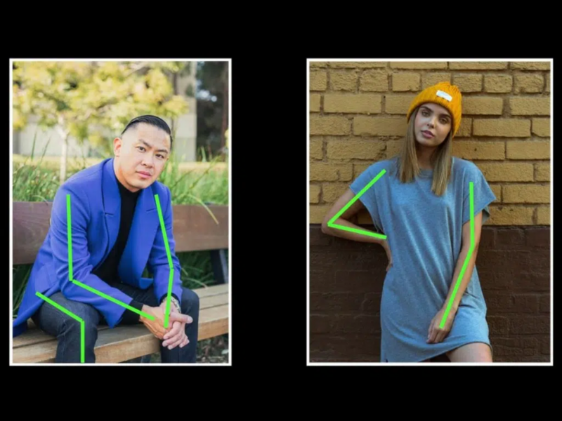 Two portrait photographs showing people wearing bright neon-accented clothing against outdoor backgrounds.