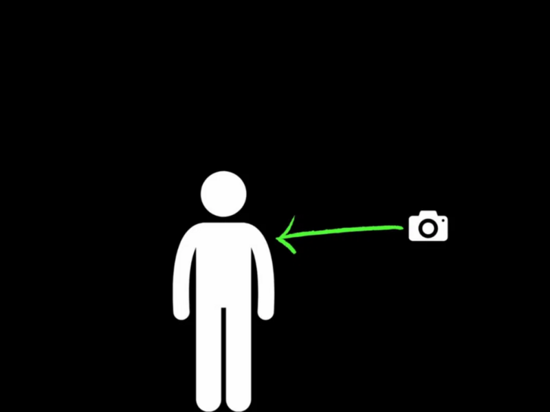 Illustration of a person being photographed by a camera on a green arrow pointing toward them.