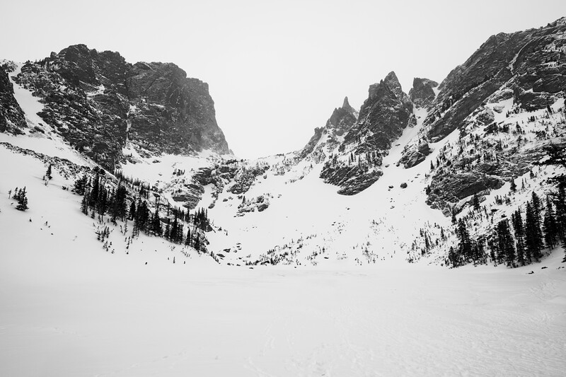 black and white image of Emerald Lake in the winter