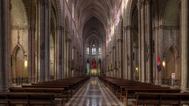 Interior of a Gothic cathedral with soaring vaulted ceilings, symmetrical columns, and wooden pews lining the central nave.