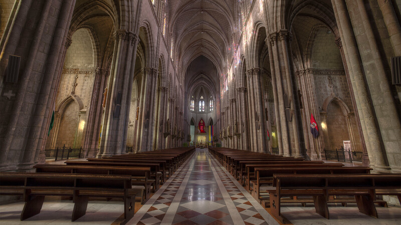 Interior of a Gothic cathedral with soaring ribbed vaults, rows of wooden pews, and light streaming through stained glass windows.