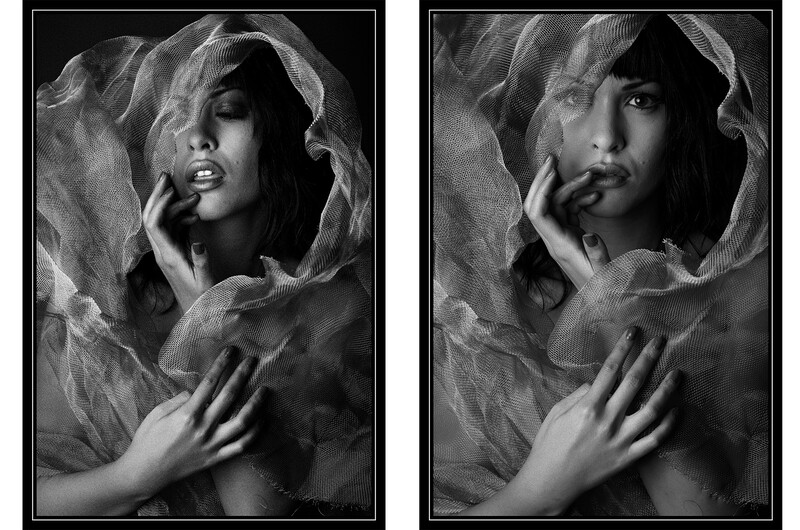 Black and white portrait diptych showing contrasting masculine and feminine expressions beneath flowing fabric.