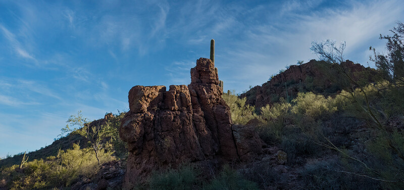 Tall columnar rock formation rising from desert hillside with sparse vegetation and blue sky.