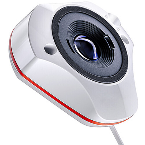 White and red USB webcam with dark lens and blue glass element against white background.