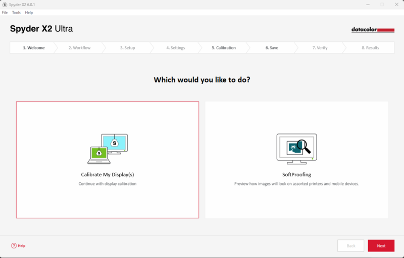 Screenshot of Spyder X2 Ultra software workflow setup menu with two options displayed.