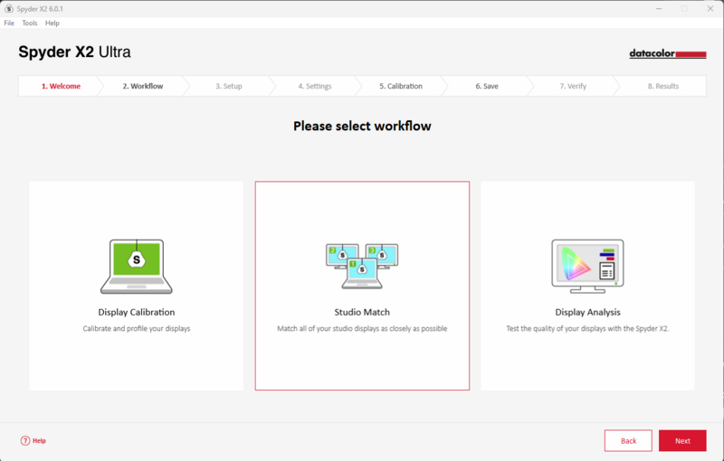 Screenshot of Spyder X2 Ultra software showing workflow selection screen with three calibration options.
