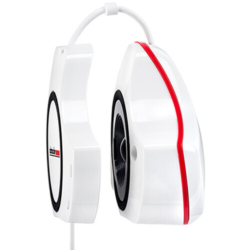 Two white camera lens pouches with black accents and red stripe detail displayed side by side.