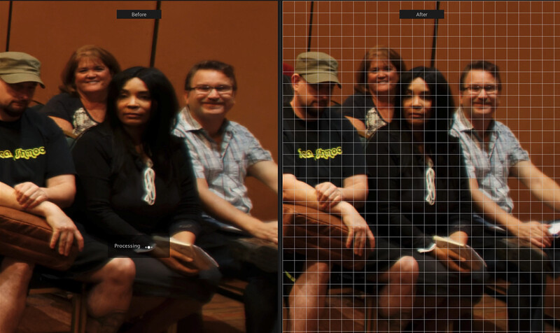 Side-by-side comparison showing grid overlay applied to portrait of four people sitting together.