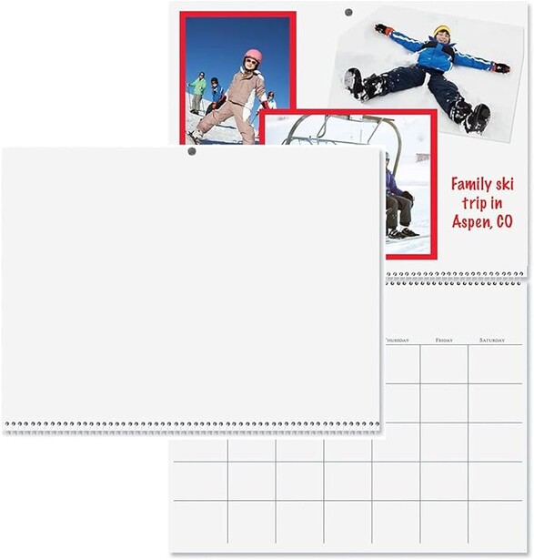 Calendar layout template with family ski photos in red-bordered frames at top.