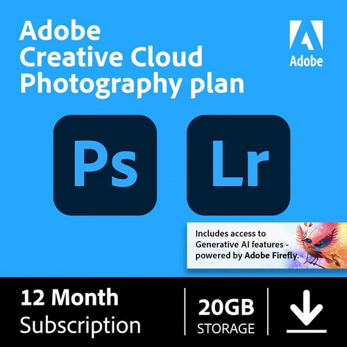 Adobe Creative Cloud Photography plan subscription offering Photoshop and Lightroom with 20GB storage for 12 months.