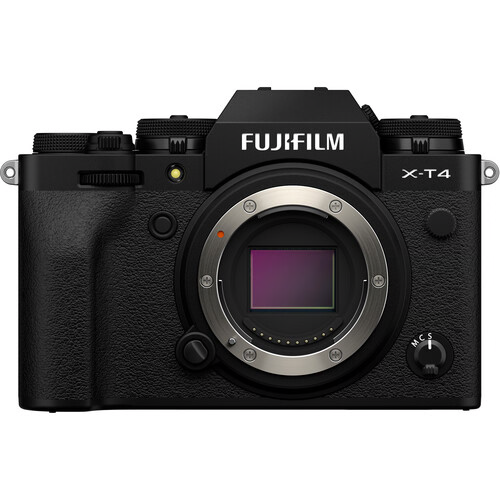 Fujifilm X-T4 mirrorless camera body shown from front with open mirror box exposing the sensor.