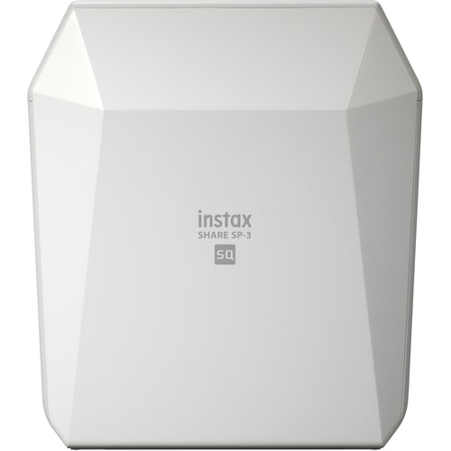 Instax Share SP-3 instant photo printer with white geometric casing and front-facing design.