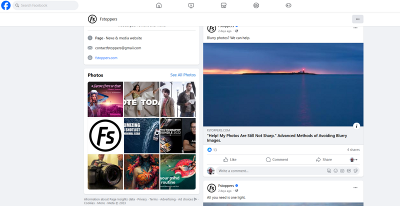 Screenshot of Fstoppers photography community website showing a Facebook page layout with photos gallery and post discussion.