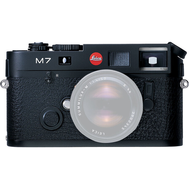 Leica M7 rangefinder camera body with black leather finish and translucent lens shown from above.