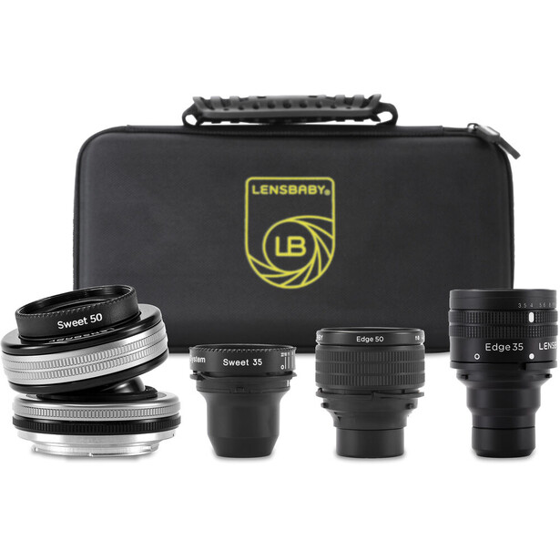 Lensbaby lens kit with carrying case containing four specialized lenses and lens caps.