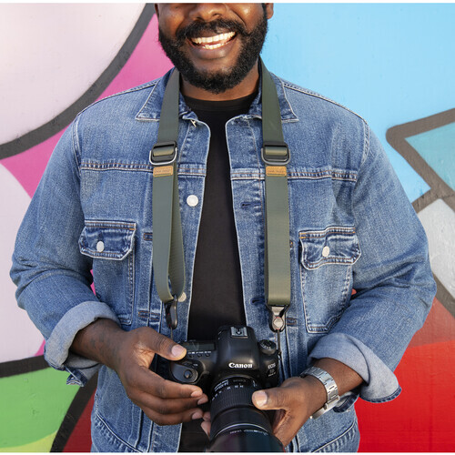 Photographer holding a DSLR camera with a shoulder strap, wearing a denim jacket over black shirt.