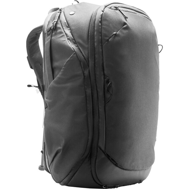 Gray travel backpack with front zipper compartment and side straps, photographed against white background.
