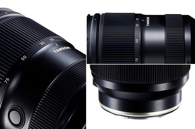 Three views of a Tamron zoom lens showing focal length markings, barrel detail, and front element with hood.