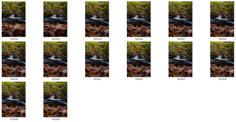 Grid of 14 similar landscape photographs showing a stream with autumn foliage.