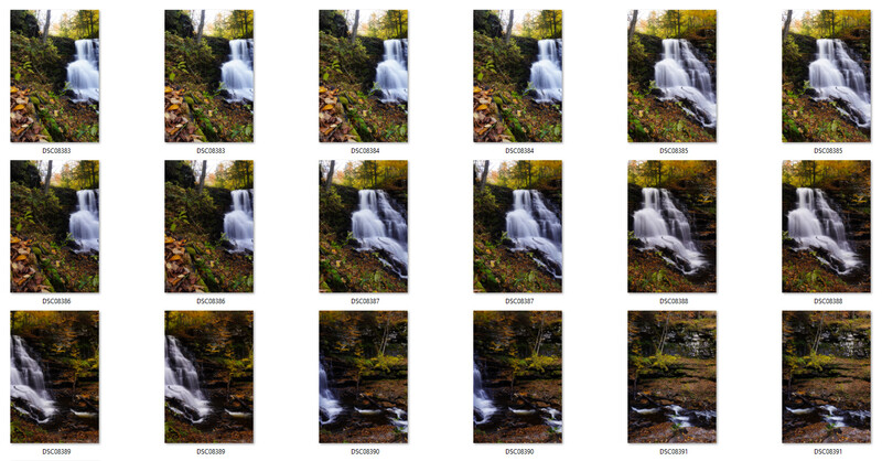 Grid of 18 waterfall photographs showing different exposure and composition variations.