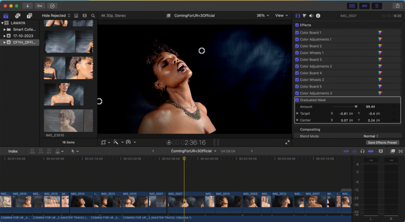 Screenshot of video editing software showing color grading workflow with portrait footage.