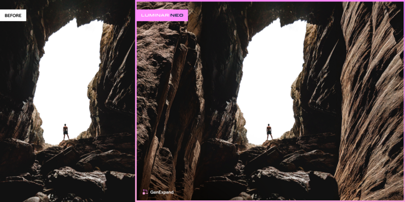 Cave interior with bright opening and silhouetted figure, showing before and after editing comparison.