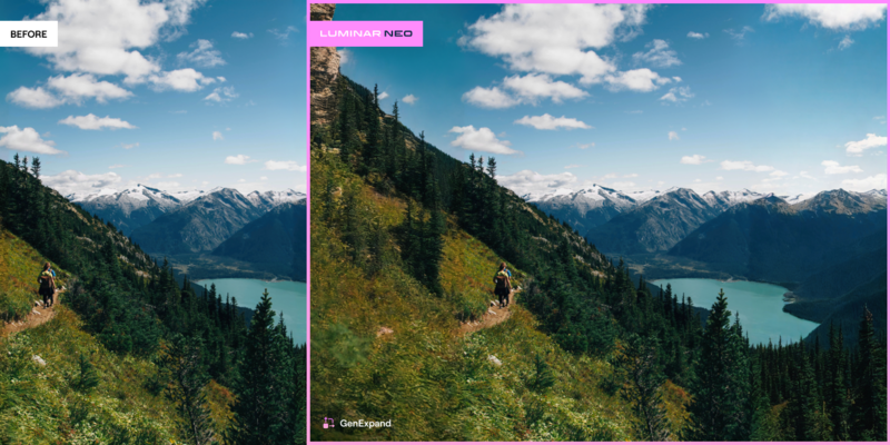Before and after comparison of alpine landscape with lake and mountains, showing color and contrast adjustments.